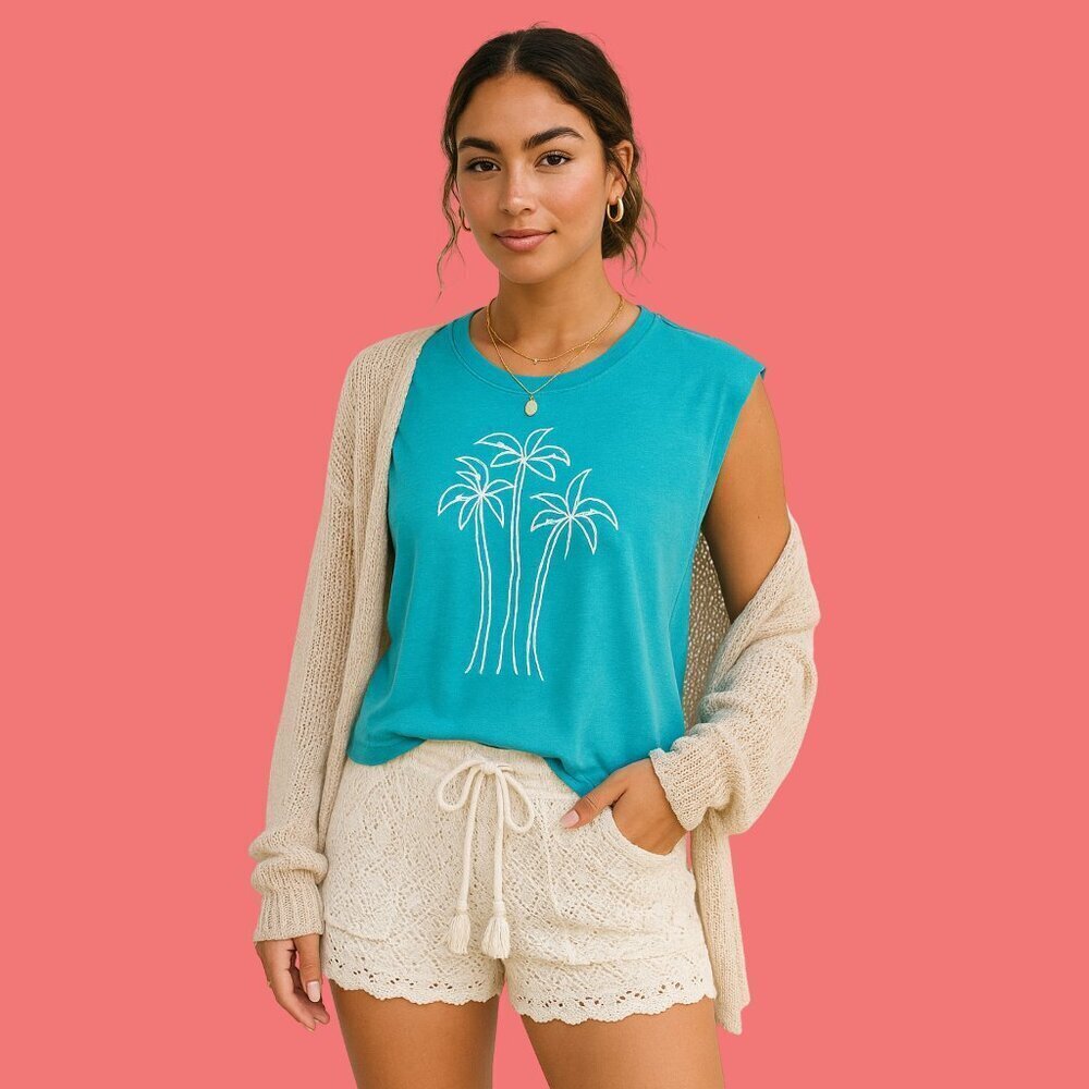 Old Navy Palm Tree Graphic Tank Top – Blue Linen Blend Women’s Size M